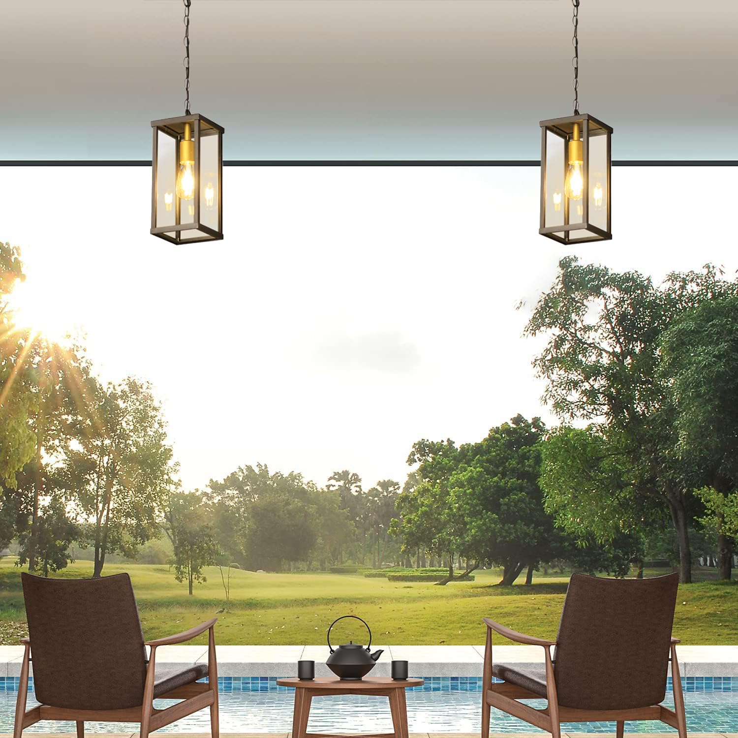XINYASEE Farol Colgante de Techo Exterior,Lámpara colgante sencilla de un cabezal de aluminio fundido con cristal,E27 Lámpara de Techo para Jardín Terraza Balcón,Patio e interior (Altura: 37 cm)