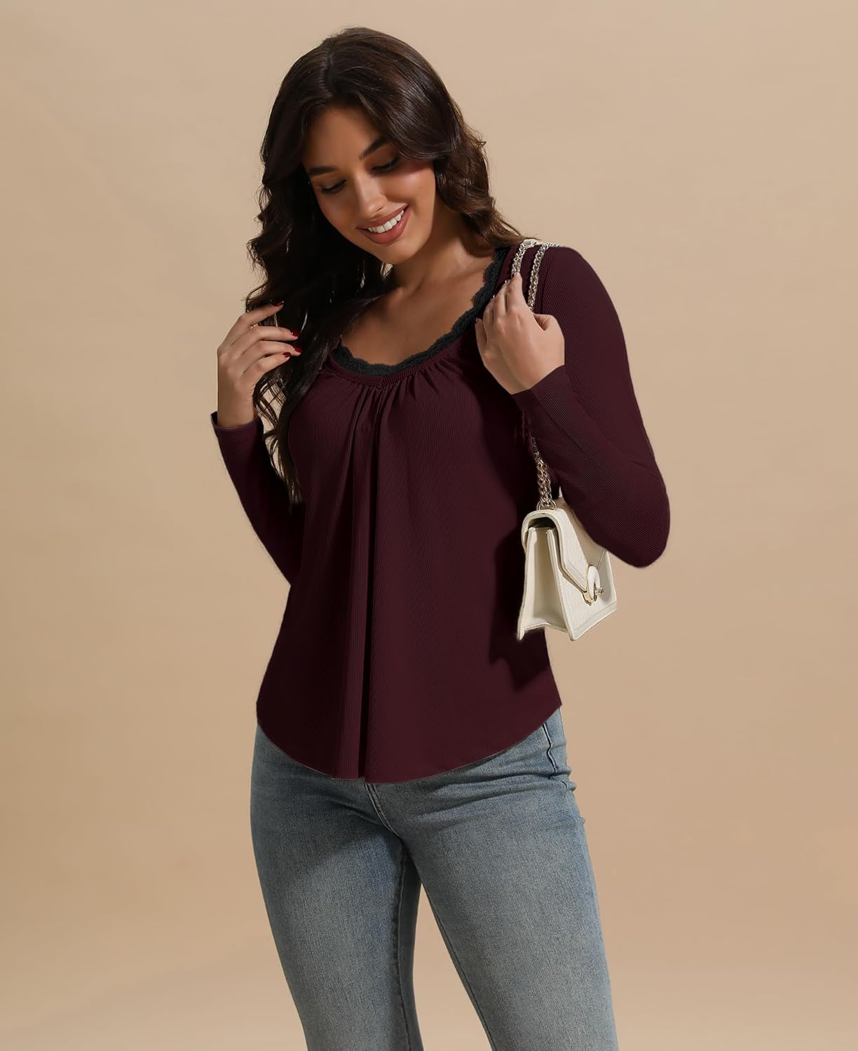 Susclude Lace Long Sleeve Shirts for Women V Neck T Shirt Casual Fall Comfy Pleated Basic Trendy Womens Tunic Tops 2025 - Image 3