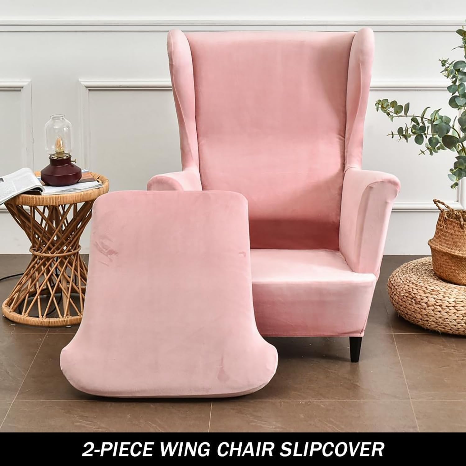 Wingback Chair Covers 2 Piece Set Stretch Wing Chair Cushion Sofa Slipcover, Removable Velvet Wing Back Armchair Furniture Protector for Living Room Bedroom Hotel(Pink)
