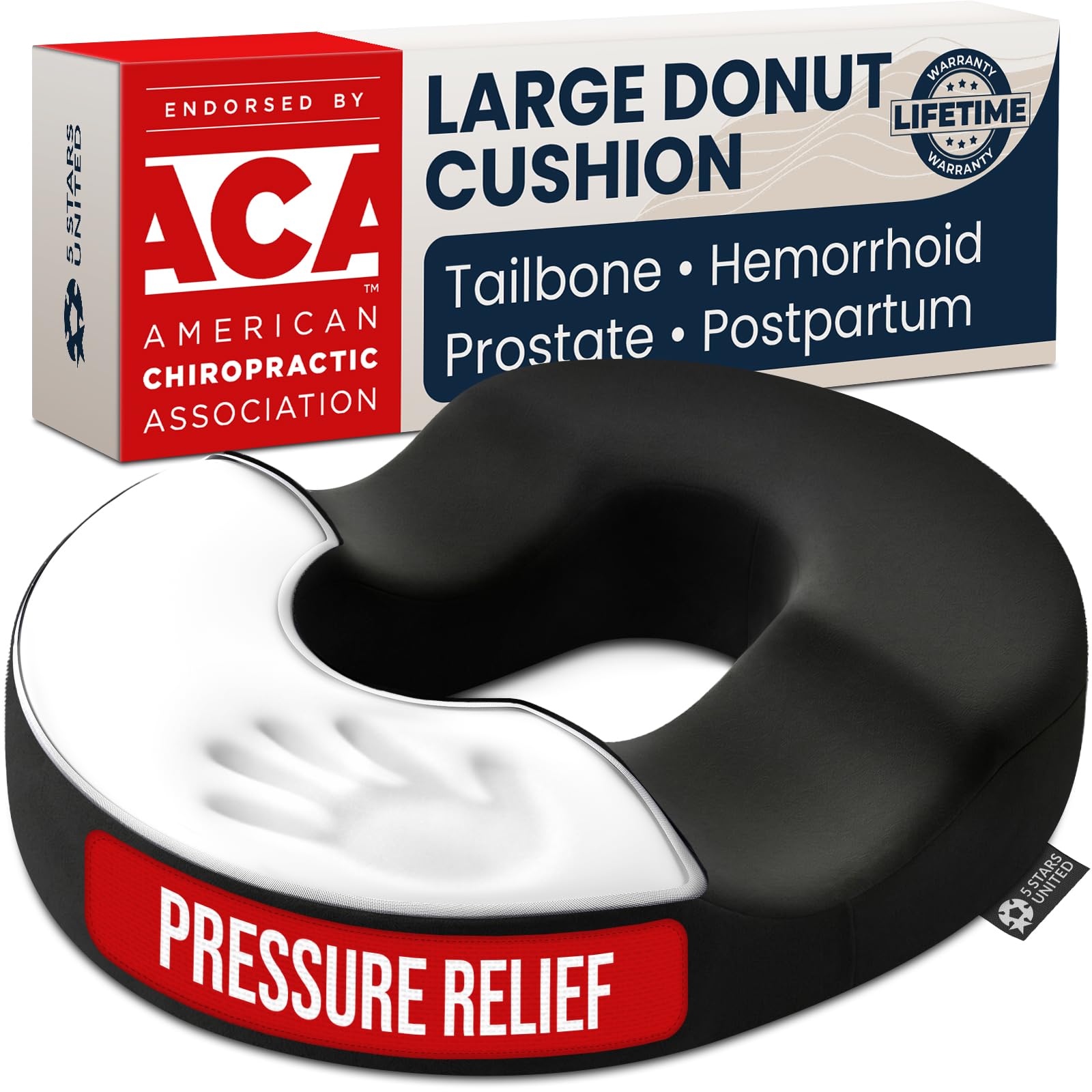 5 STARS UNITED Donut Pillow for Tailbone Pain &amp; Hemorrhoids – Large Memory Foam Seat Cushion for Bed Sore-Prone Areas &amp; Pressure Relief – Prostate, Postpartum &amp; Pregnancy Support, Premium Black Suede