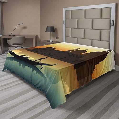 Ambesonne Romantic Flat Sheet, People in Gondolas Venice City of Historical Importance Abstract Illustration, Soft and Comfortable Top Sheet