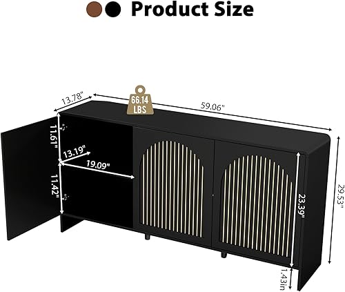 Miniatura 2 de Armario buffet de 59 pulgadas con almacenamiento, armario de almacenamiento de consola de TV arqueada de madera con 3 puertas y estante ajustable,