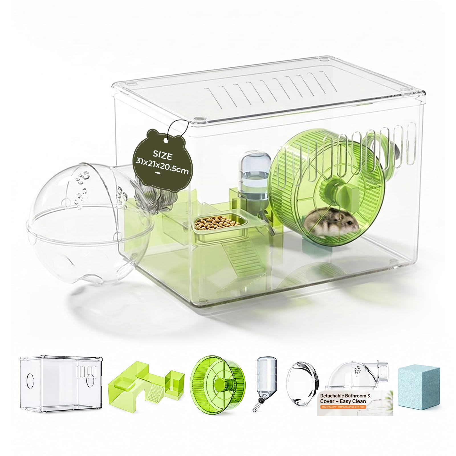 Gabbia per Criceto 360° Vista Ventilata 2Piani+7Accessori | 31,5x21,5x20,5cm, 2 piani, vista 360°, ventilata, 7 accessori, per topi e criceti, verde