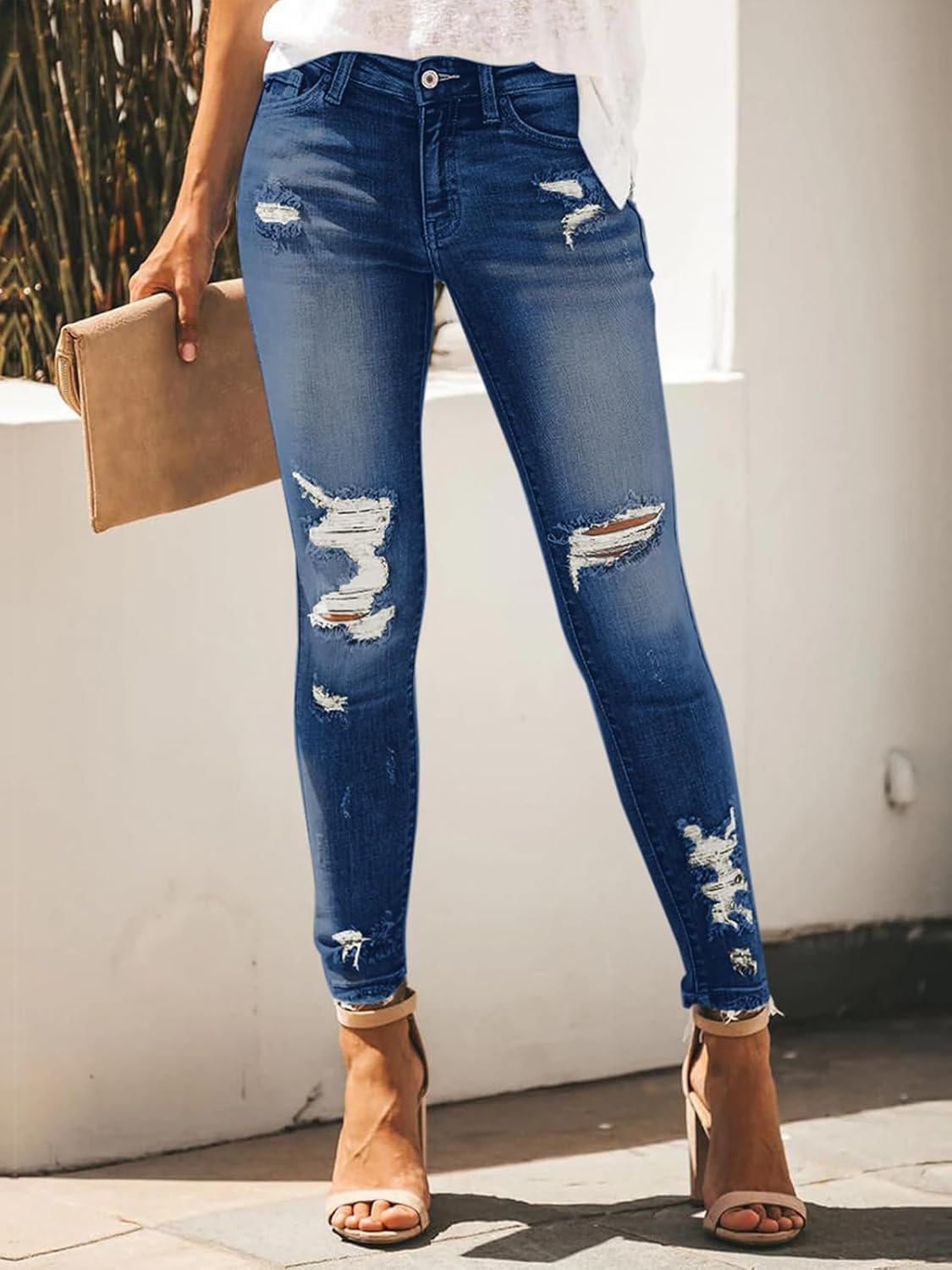 Women Mid Waist Skinny Stretch Ripped Jeans Destroyed Denim Pants Plus Size (Pack of 2) - Image 3
