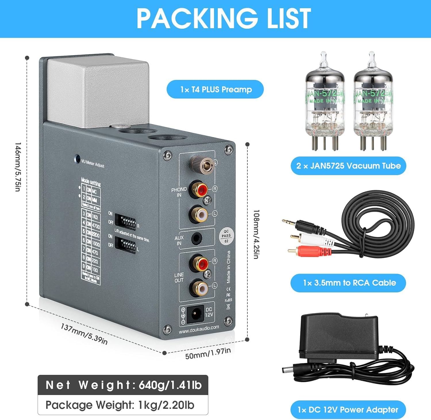 Douk Audio Röhren-Phono-Vorverstärker: HiFi MM/MC Plattenspieler-Vorverstärker | Kopfhörerverstärker mit AUX-Eingang | VU-Meter für Plattenspieler, Vinyl-Systeme und Audiophile (T4 Plus)