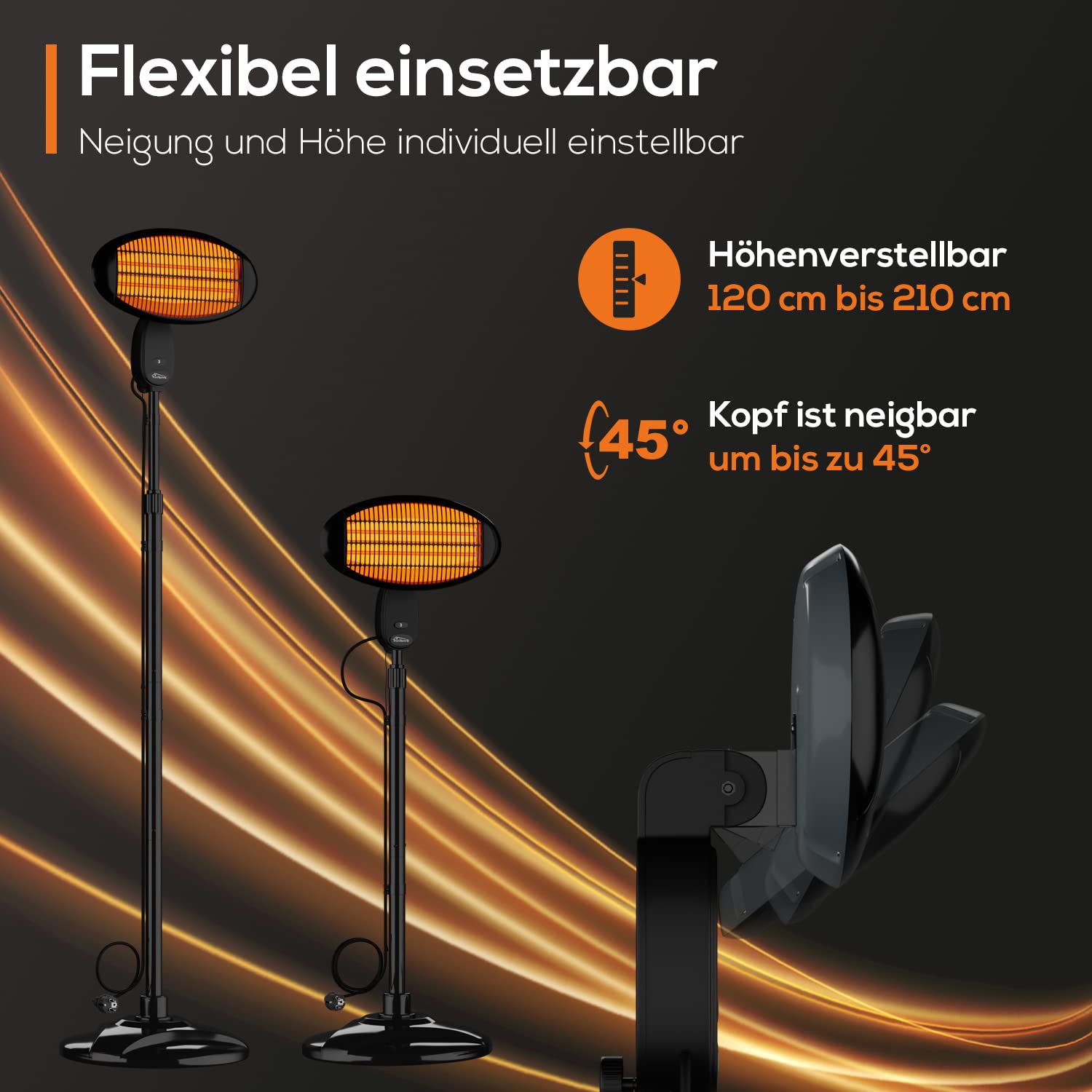 Tronitechnik® Infrarot Heizstrahler 2000 Watt Standheizer Terrassenheizer Terrassenstrahler Wärmestrahler für die Terrasse, Wickeltisch-Strahler, schwarz, Innen & Außen, höhenverstellbar, neigbar