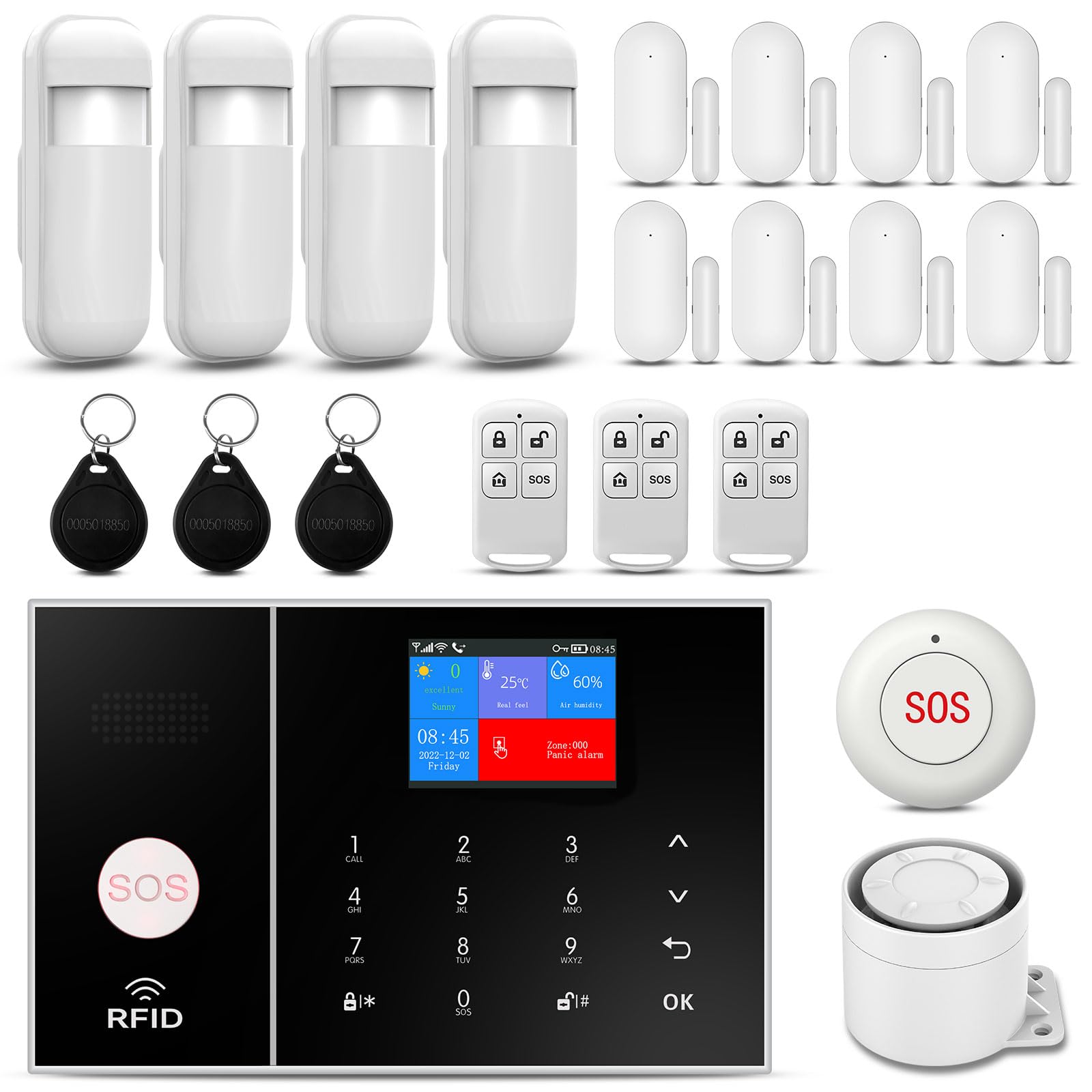 WiFi Alarmas para Casa Inalámbrico, Sistema de Alarma Doméstica Antirrobo con Alerta App, Incluye: Sensores de Puertas/Ventanas,Dtecteores de Movimiento,Sirena, Mandos a Distancia