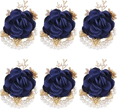 Navy Blue Rose Pearl with Golden Color Leaves Wrist Corsage for Bridesmaids Wedding Party Prom Handmade Flower Design