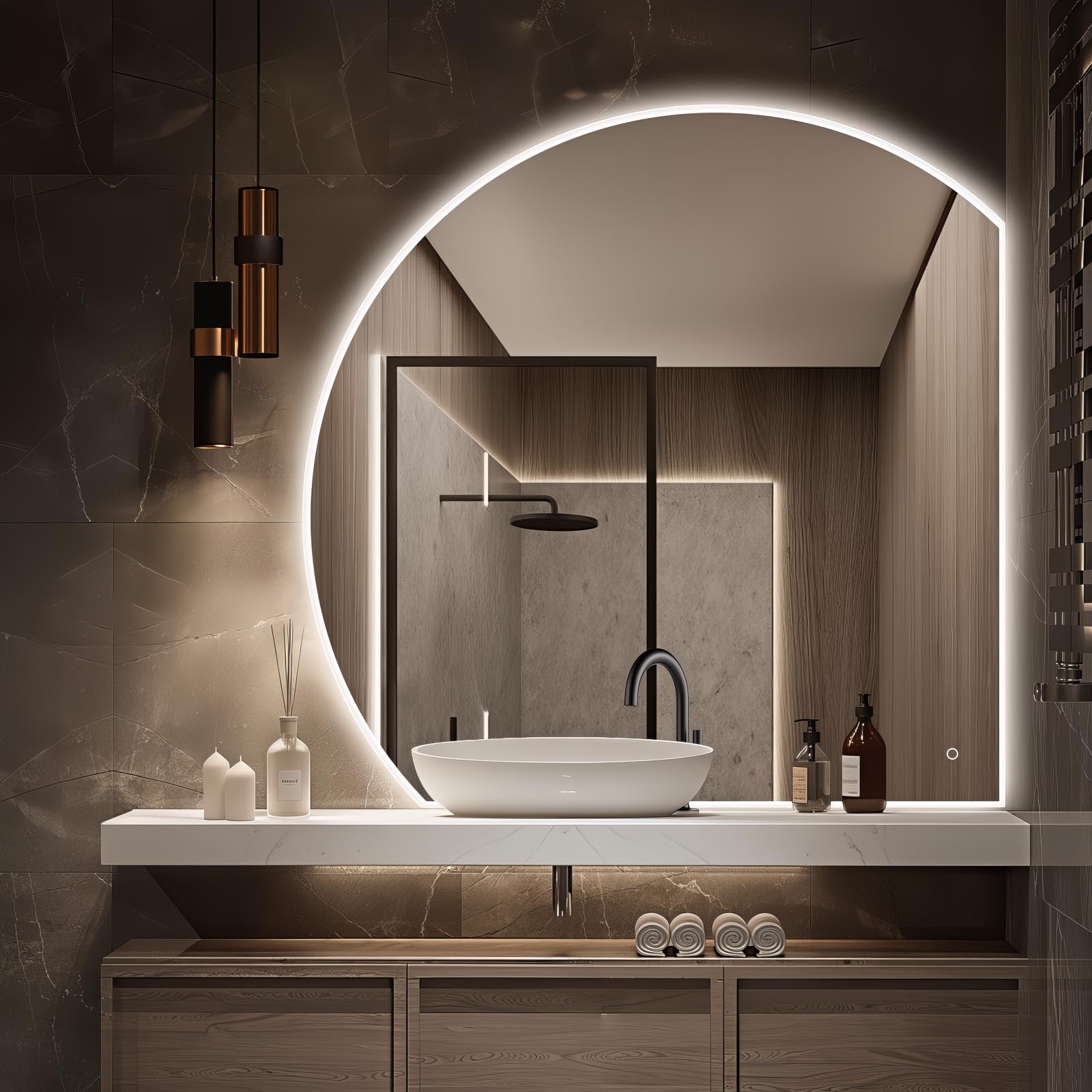 Niccy Half Moon LED Mirror for Bathroom, 28" Backlit + Front Lit Lighted Semi Round Makeup Mirrors for Wall, Anti-Fog, Dimmable 3-Colors, Memory Function, Shatterproof Smart Vanity Mirror