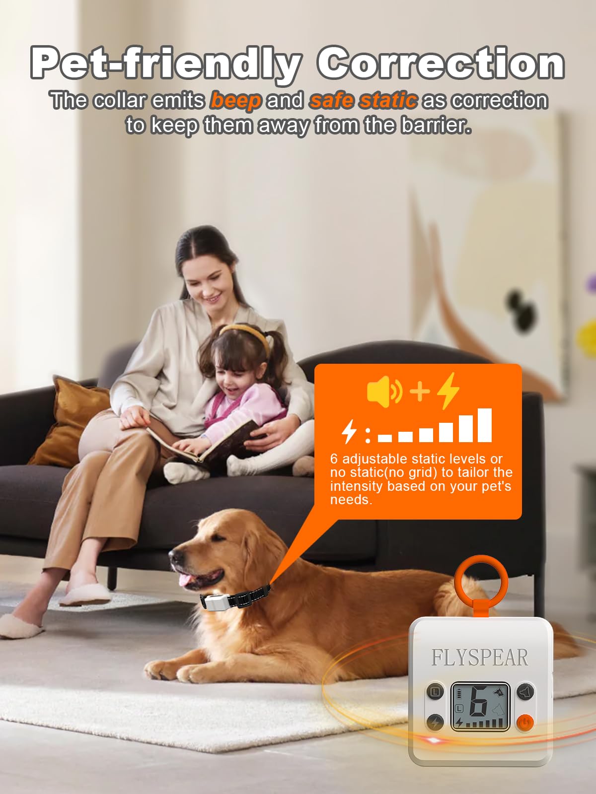 FLYSPEAR Barrera inalámbrica para mascotas, barrera recargable para interiores con 6 radios de rango ajustables de hasta 7 pies, 6 intensidades estáticas seguras ajustables, sistema de valla eléctrica