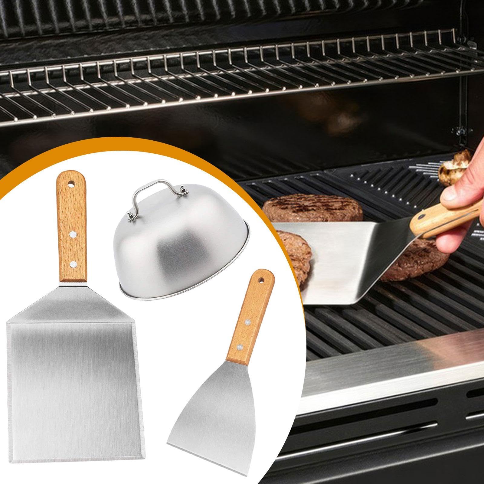 2 Stück BBQ Spatulas Turner Grillzubehör Set Edelstahl Grillwender Küchenwender mit Ergonomischem Holzgriff für Grillen Kochen Gartenparty Geschenk, 3 Stück