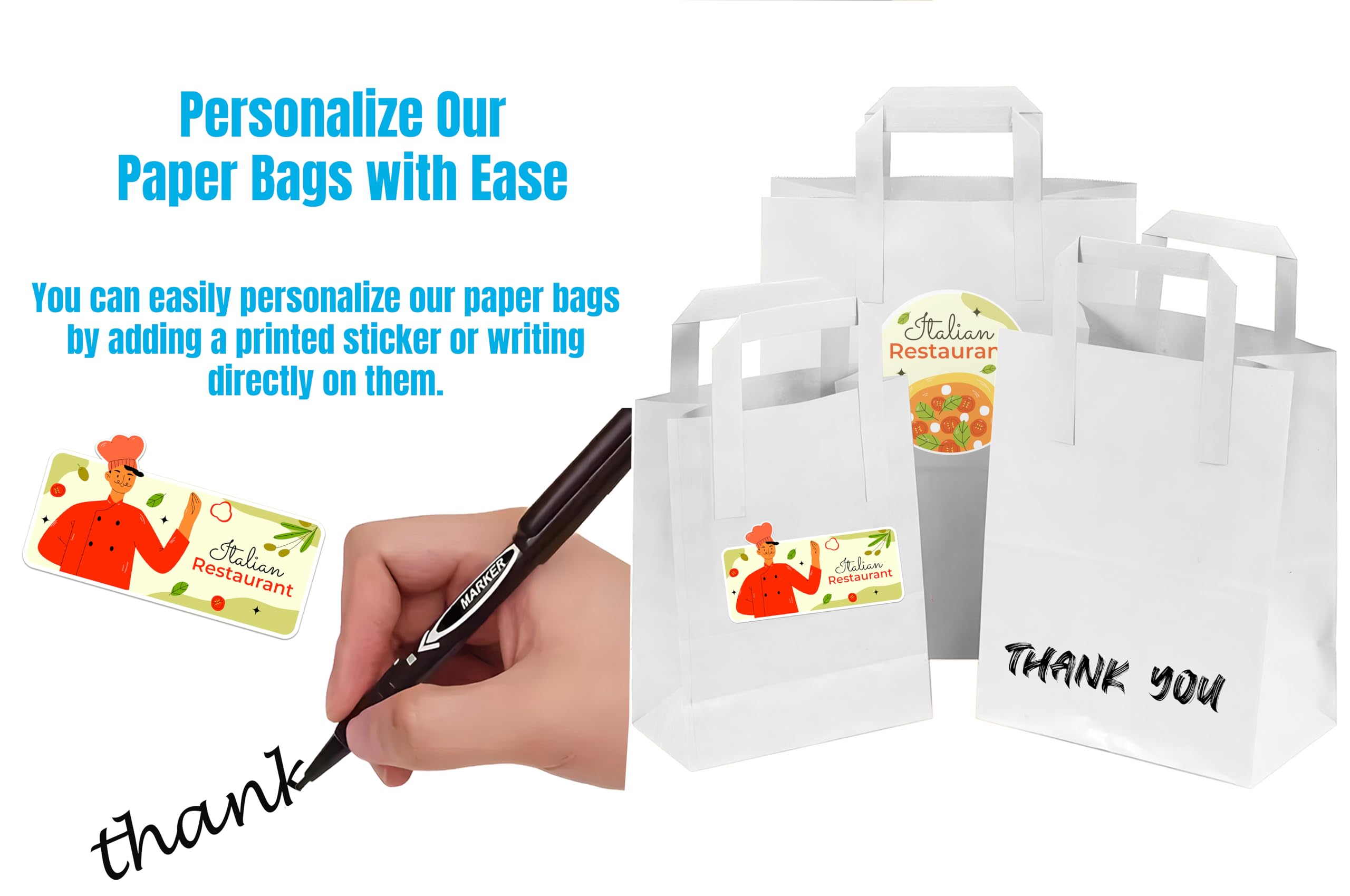 250 bolsas para llevar de papel kraft blanco SOS, bolsas de transporte de alimentos con asas, ecológicas, seguras, fiestas, para llevar, bar, restaurante, compras, almuerzo, regalo, picnic, duraderas