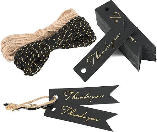 joycraft Etiquetas de regalo de agradecimiento con cuerda, 100 mini etiquetas colgantes de papel dorado de aluminio, etiquetas de agradecimiento
