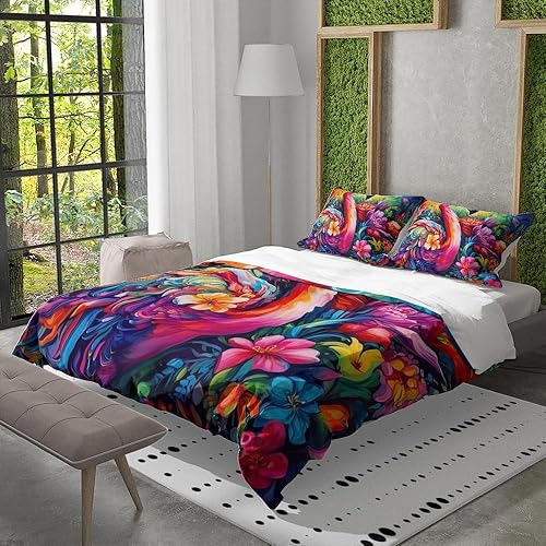 Miniatura 5 de Juego de ropa de cama de flamenco, juego de funda de edredón con estampado de flamencos para niñas, flores rosas, tamaño individual, funda de