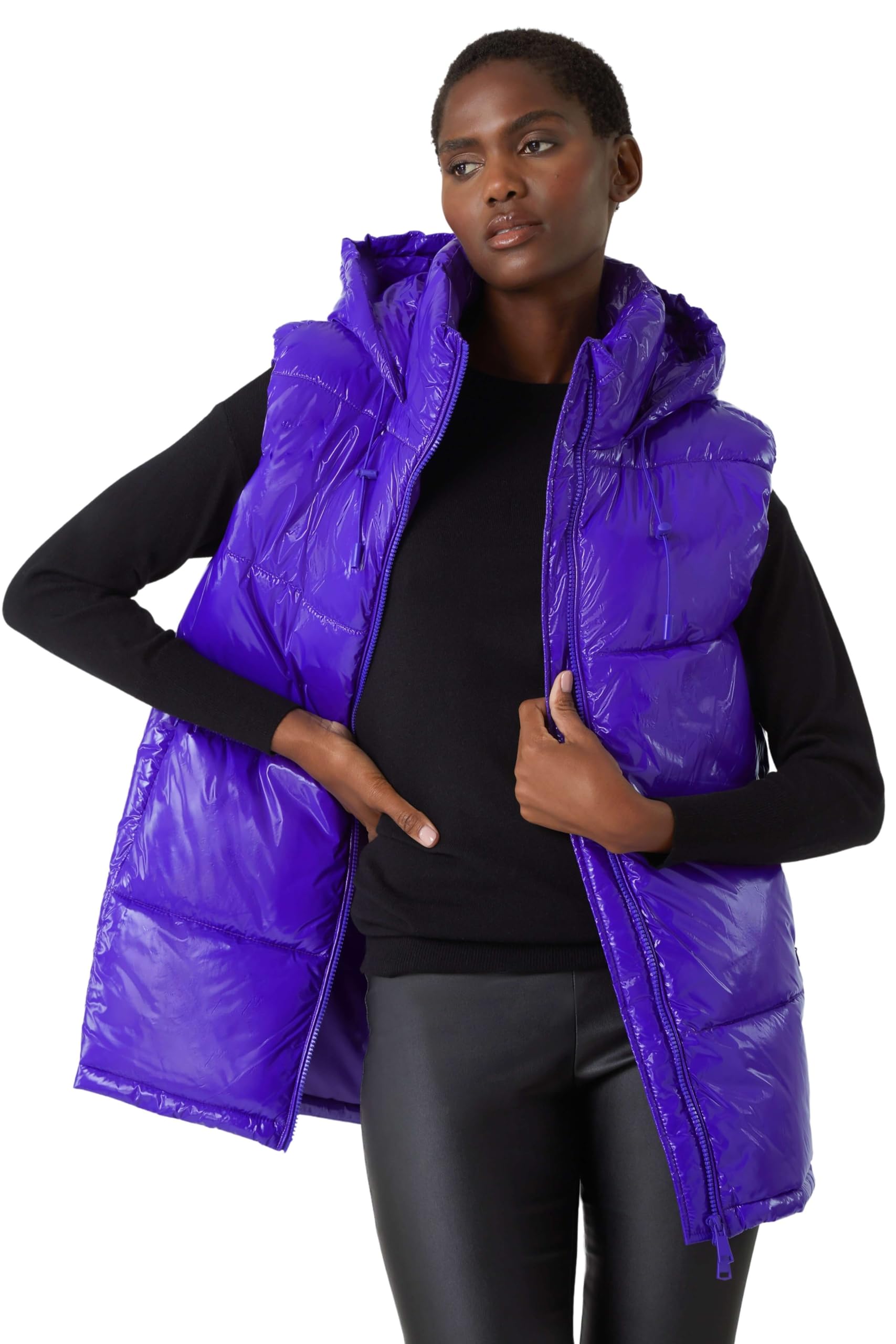 Roman Quilted Gilet with Hood for Women UK Ladies Sleeveless Coat Hooded Jacket Padded Bodywarmer Winter Lightweight Warm Autumn Funnel Neck Longline Soft Bubbly Purple