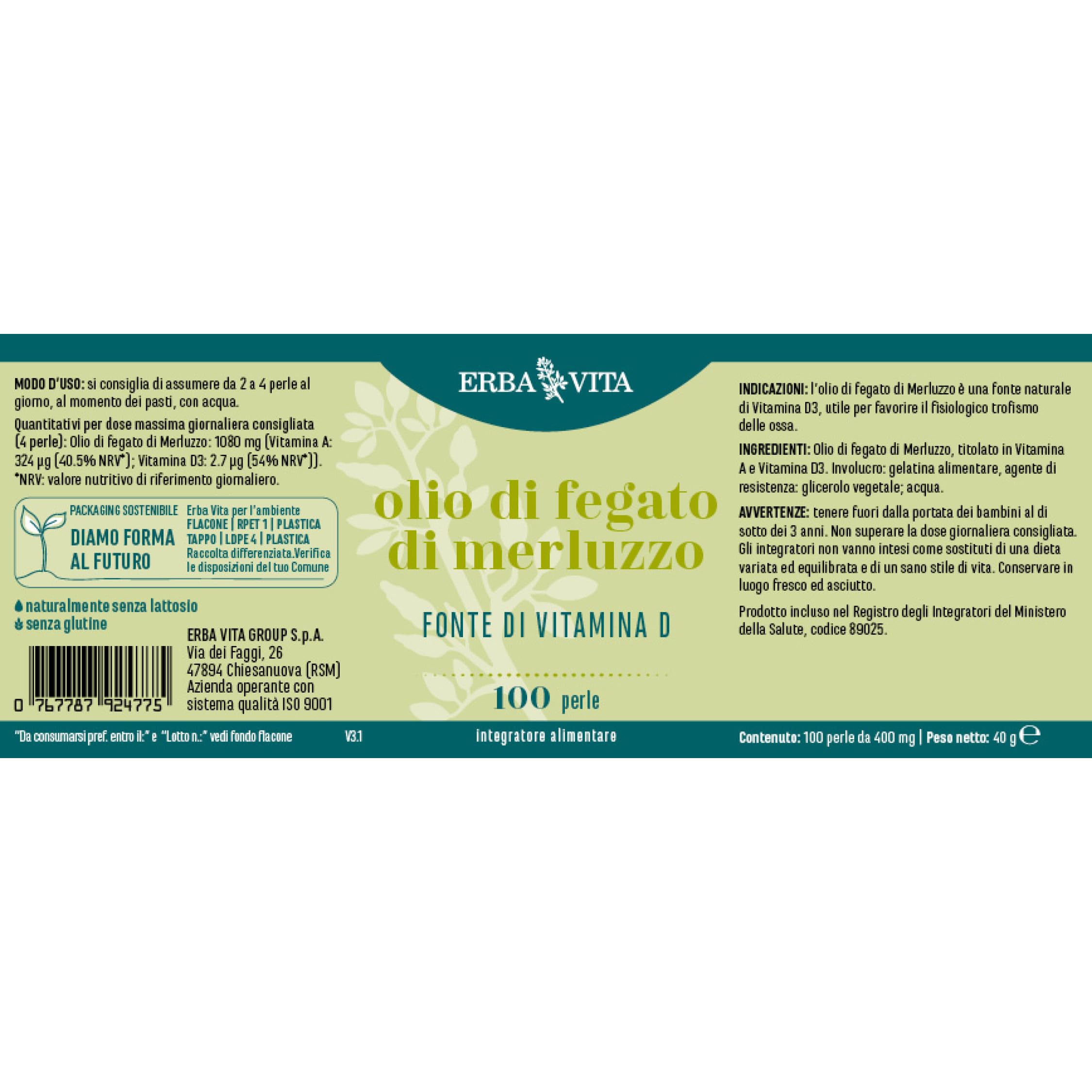 ERBA VITA Integratore Alimentare Di Olio Di Fegato Di Merluzzo - Perle, 100 Unità