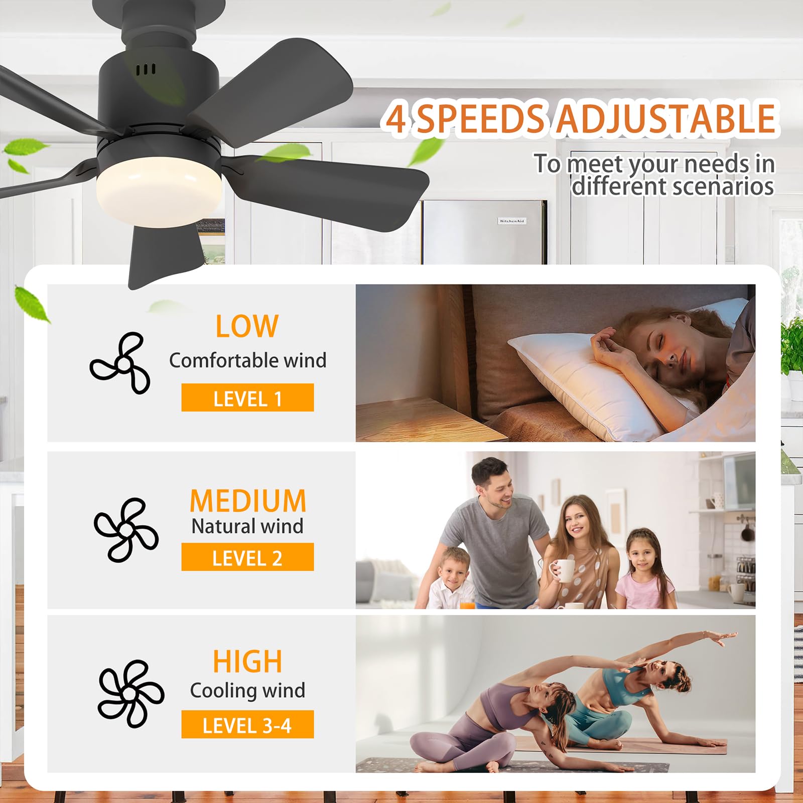 GEADI Ventilateur de Plafond avec Lumière LED Dimmable, Plafonnier à Visser pour Chambre avec Télécommande, 4 Vitesses et 3 Températures de Couleur Réglables, Douille E27, 45 cm Noir