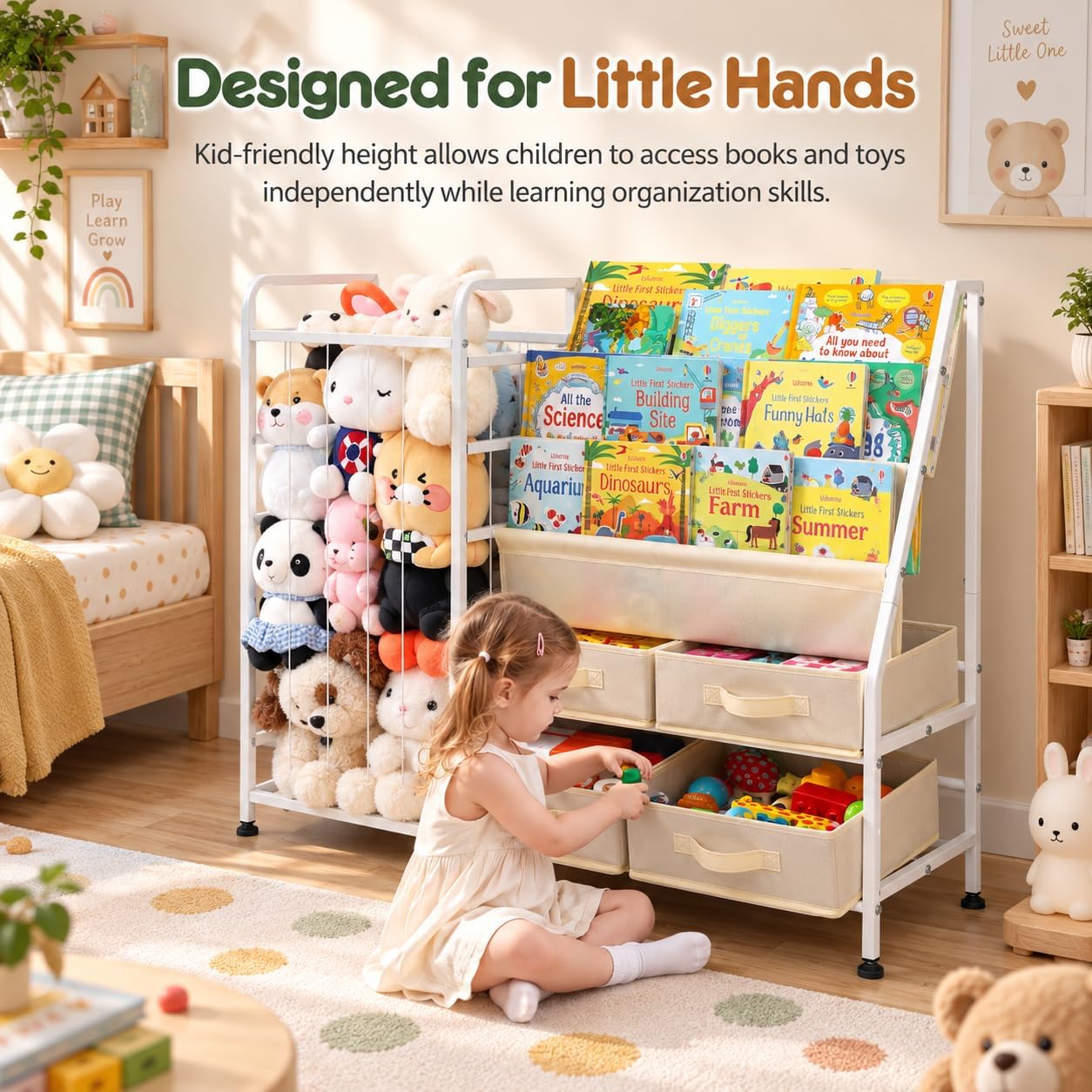 Book Shelf for Kids Rooms, 3-in-1 Kids Bookcase with Stuffed Animal Storage