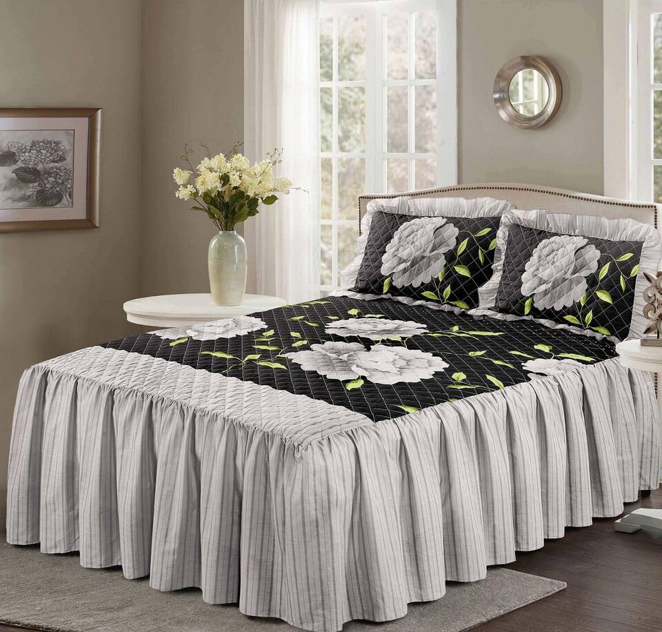London Dream Rosaleen Quilted Bedspread with Matching One Pillow Sham - Valance Style 23" Deep Frilled Bed Spreads Floral Design Bedding Set (Black/White, Single 2-Piece)