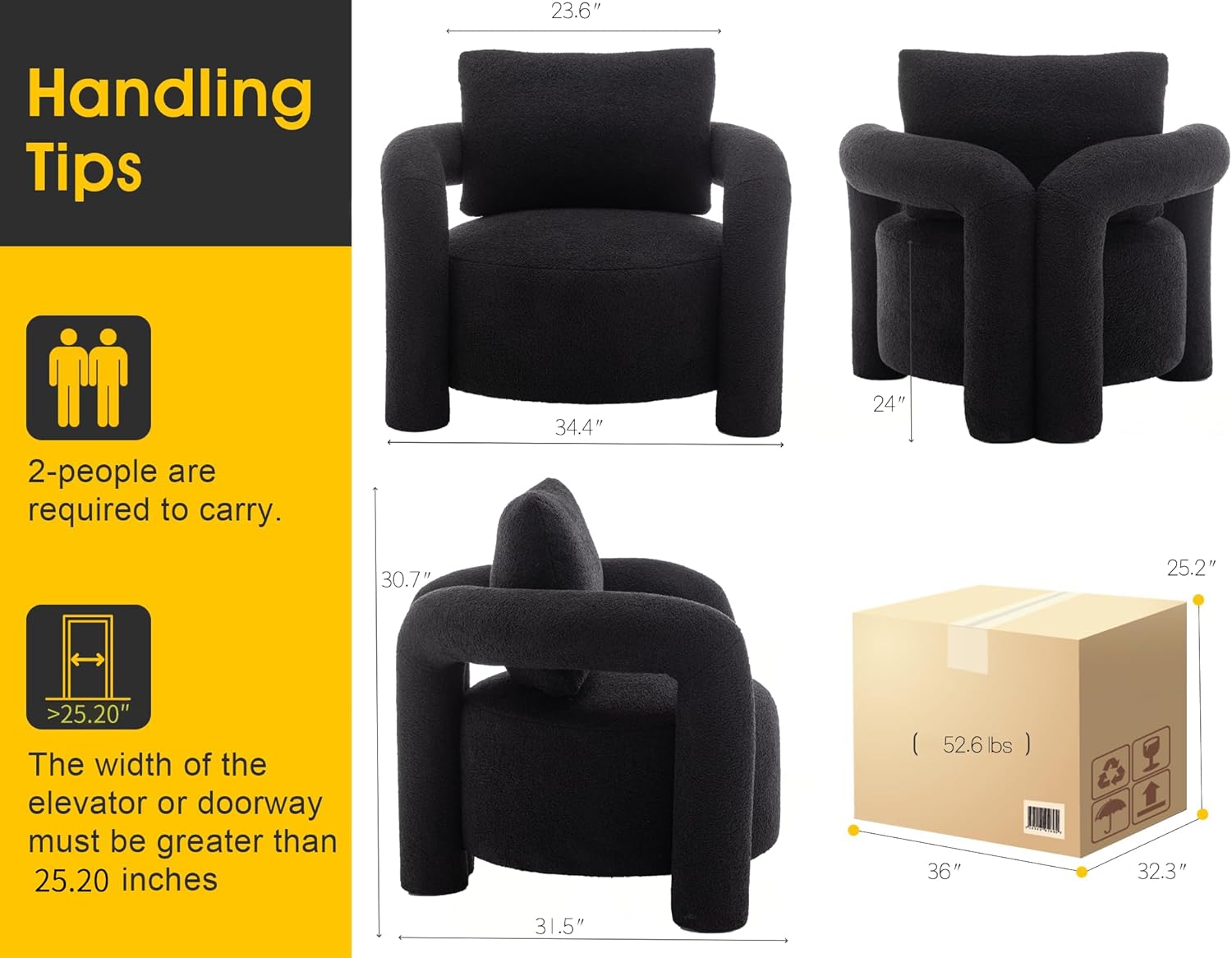Modern Sherpa Boucle Accent Chair,Teddy Upholstered Armchair,Vanity Chair Single Sofa,Cozy Fluffy Reading Chair for Living Room,Vanity,Office,Bedroom,Corner (Black)