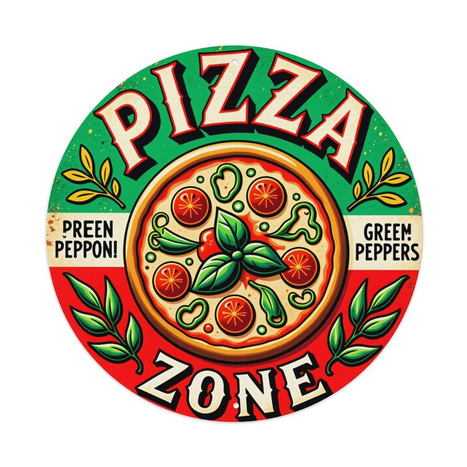 Wmlzdnwr Vintage Pizza Zone Logo With Peppers And Basil Round Tin Sign,Retro Wall Art,Metal Poster For Home, Bar, Garage, Cafe, Rustic Indoor & Outdoor Decor, 8X8 Inches