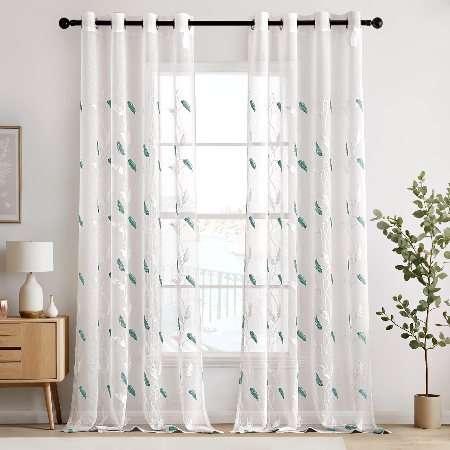 EMEMA Cortina de Voile para Sala de Estar con Ojetes, Diseño de Hojas Transparentes, Bonito Bordado, Juego de 2 Cortinas Modernas para Ventanas, Cada una H 245 x B 140 cm, Hojas Azules