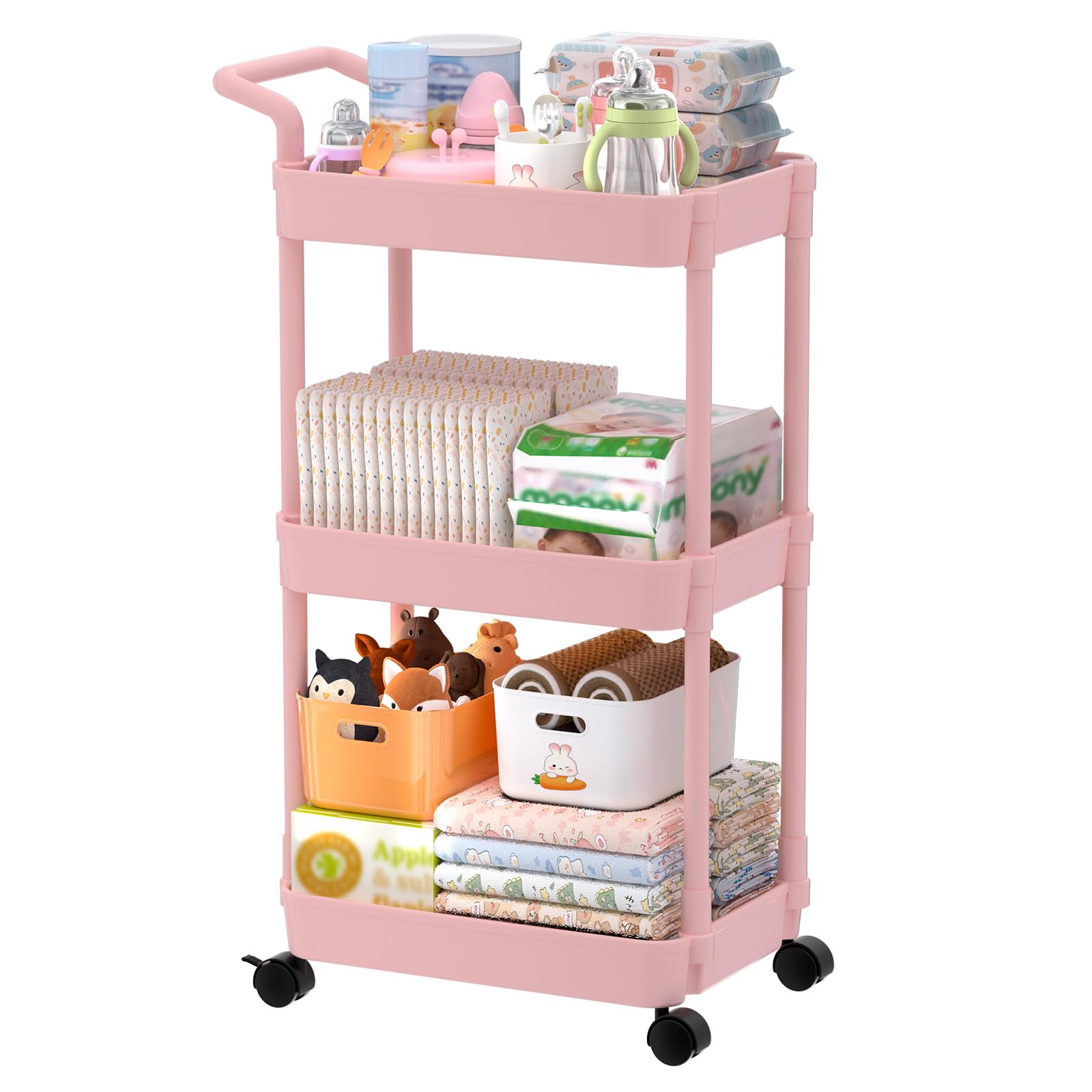 Volnamal Diaper Caddy, 3 Tier Rolling Cart for Baby Essentials, Pink | Movable & Easy Assemble Cart for Newborn Nursery Essentials, Diaper Storage Organizer for Changing Table&Crib, Baby Registry