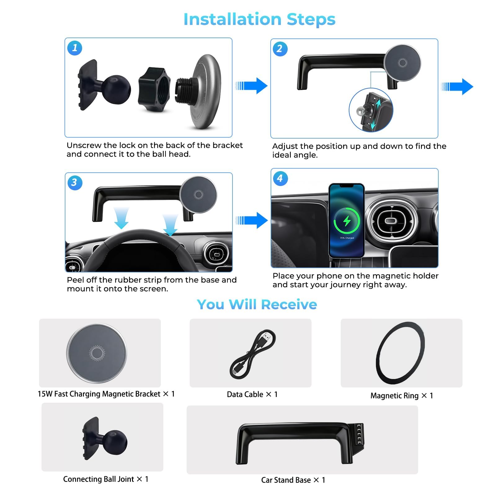 Supporto magnetico per telefono per Mercedes Benz GLC 2023-2026 Classe C 2022-2026 Accessori Schermo da 12,3 pollici, rotazione a 360° per supporto per telefono caricabatterie wireless Magsafe