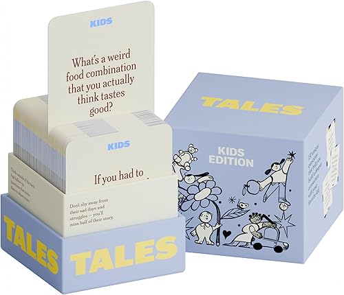 TALES Tarjetas de conversación, edición para niños, 150 unidades, divertidos juegos familiares para niños, perfectas para cenas, viajes por