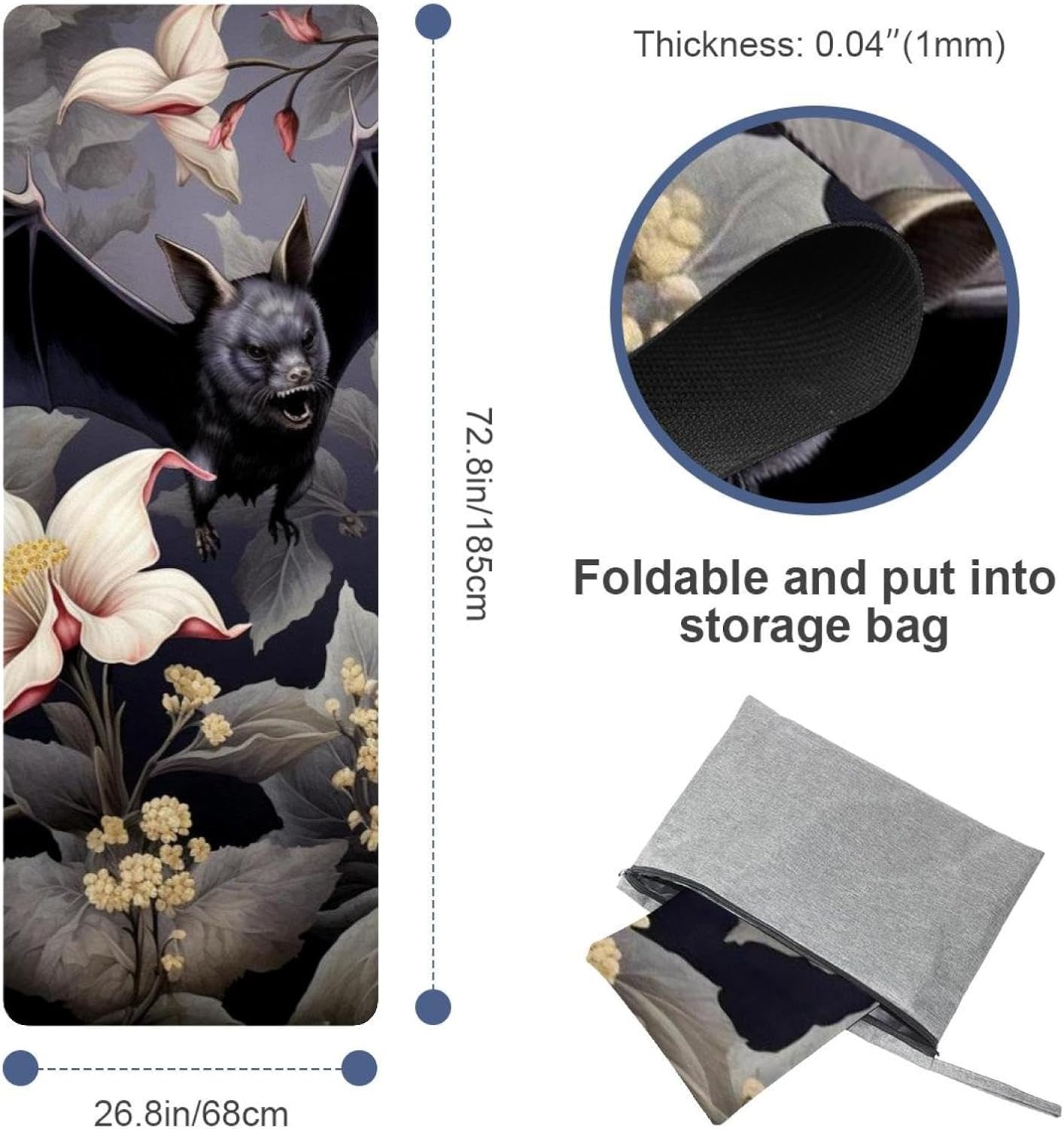 Yoga Towel, Bat Pattern Non Slip Sweat Absorbent Hot Yoga Mat Towel for Hot Yoga, Pilates and Fitness - 72.8" x 26.8"