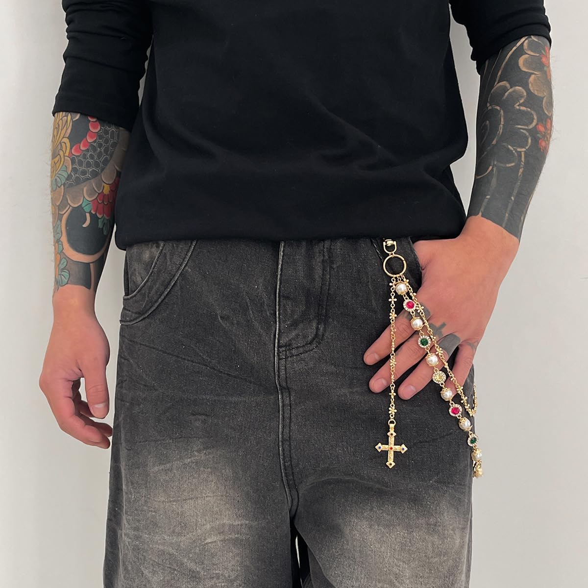 Double-Layer Pants Chain with Pearls Cross, Perfect for Trendy Hip-Hop Wallet Chain, Keychain, Bag Accessory - Image 7