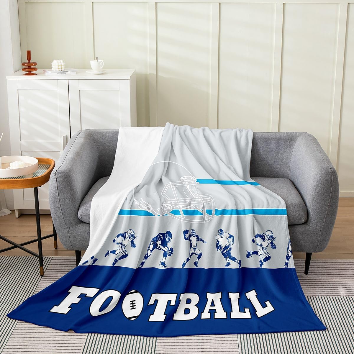 Erosebridal Football Flannel Blanket 90x90 inch,Football Throw Blanket for Kids Boys Girls,White Blue Orange Sports Bed Blanket,Football City Team Fleece Blanket for Bed