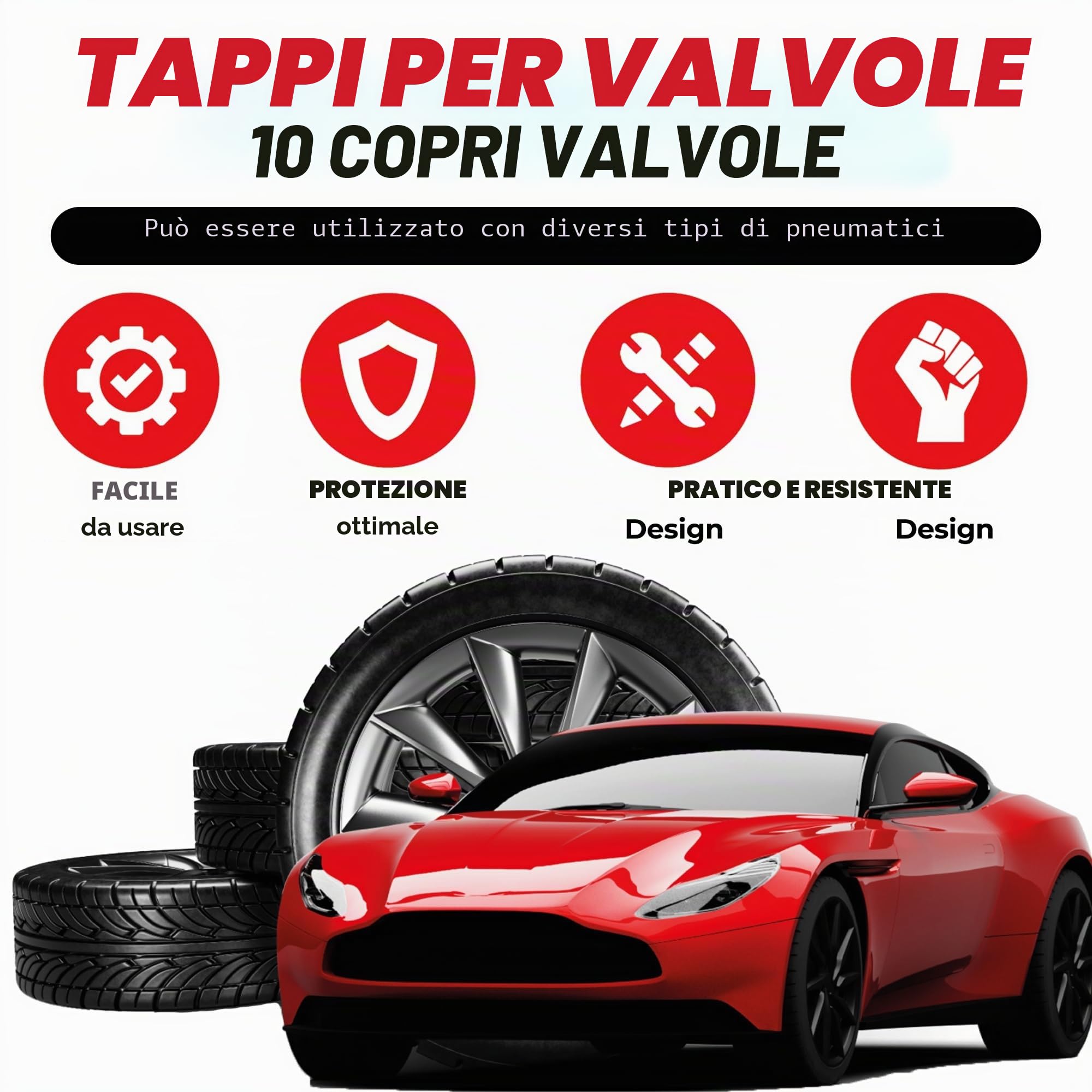 10 Tappi Coprivalvola per Pneumatici – Compatibili con Auto, SUV, Moto, Bici – Coperture Valvola Schrader Resistenti con Guarnizione Interna (Nero)