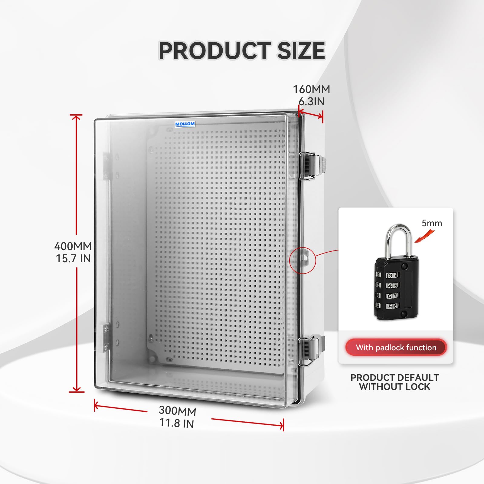 Mollom Caja de Empalme Exterior con Tapa Transparente（400x300x160mm） | Impermeable IP67,pestillo acero inox,placa de montaje con soportes de pared para proyectos eléctricos(15.7x11.8x6.3pulg)