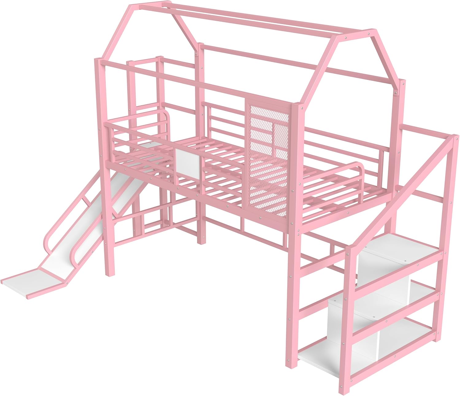 Twin Size Metal House Loft Bed with Slide and Stairs,Heavy Duty Playhouse Loft Bed Frame with Storage Shelves for Kids, No Box Spring Needed