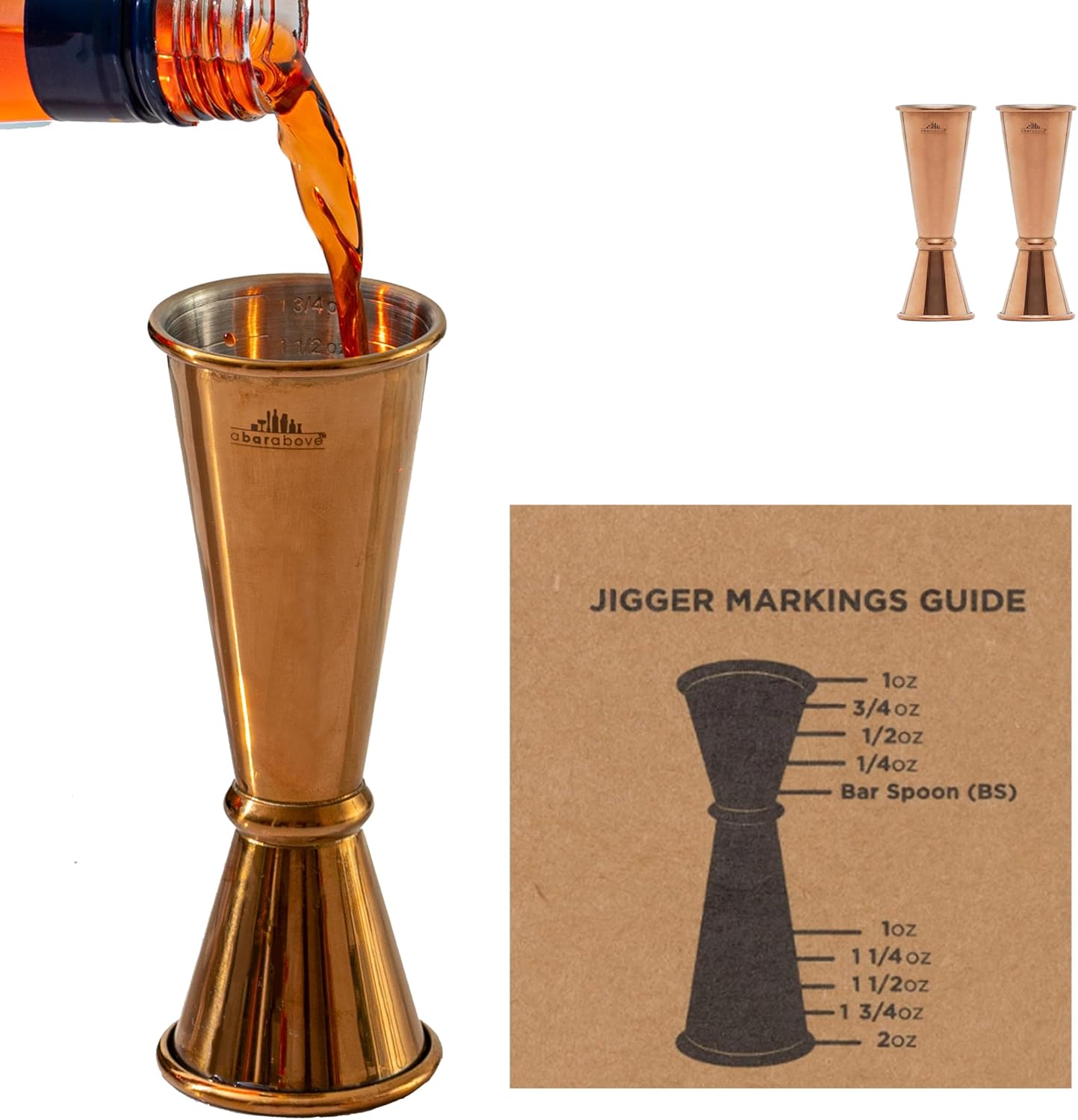 A Bar Above Premium Japanese Jigger, with 8 Measurements Inside, Professional and Heavy-Duty, 304 Stainless Steel Cocktail Double Jigger, for Bartending, 2-Pack, Antique Copper