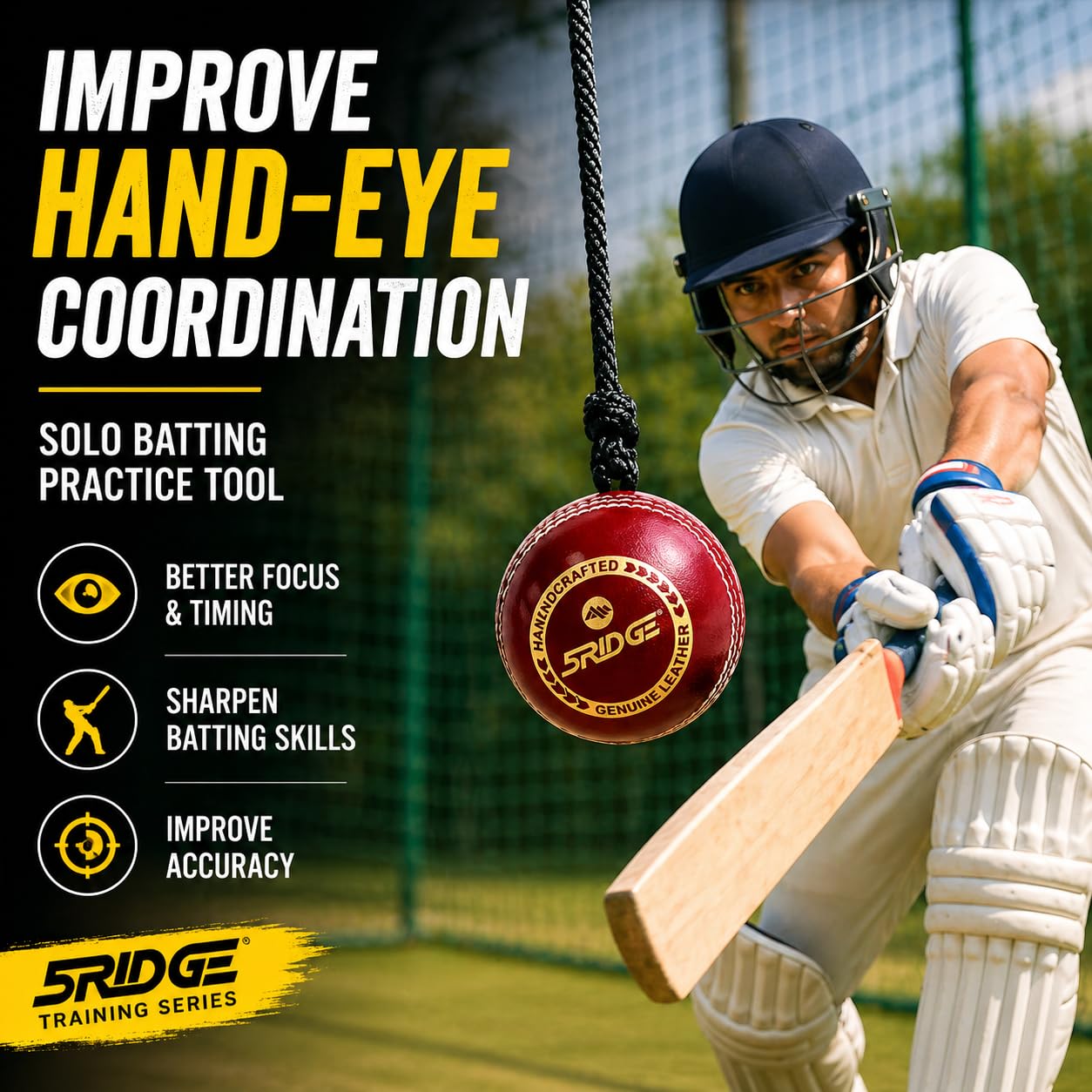 Cricketball - Entwickeln Sie Hand-Augen-Koordination, Leder-Ball zum Üben und Klopfen, Cricketball mit Seil, Einheitsgröße, rot, 1 Stück