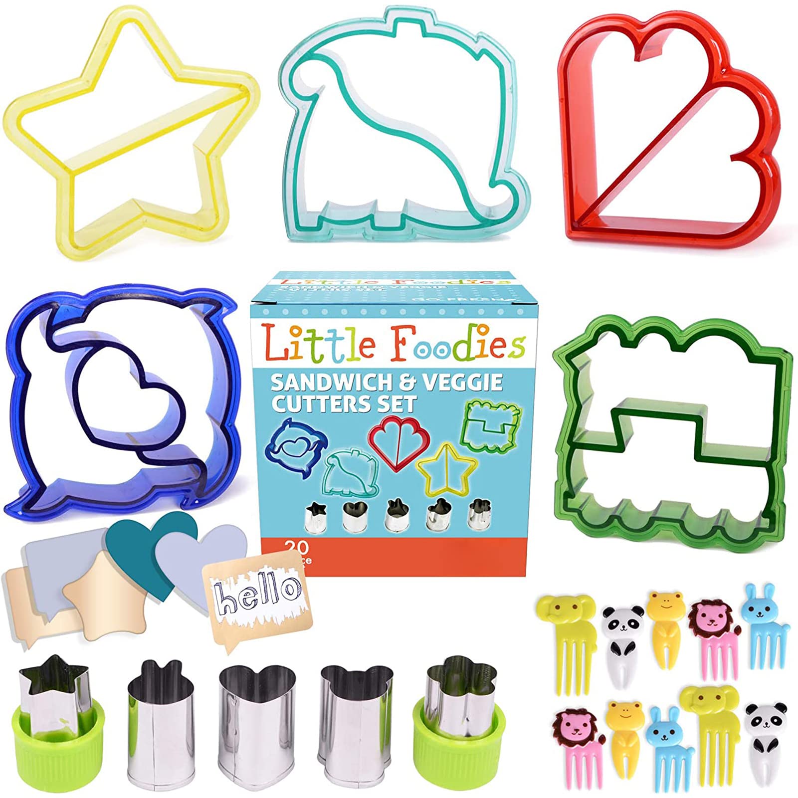 Tepengdie Sandwich Cutters for Kids – 20pcs Set with 5 Sandwich Shapes/Cookie Cutters/Bread Cutters – Comes with 5 Vegetable Cutters and Bonus 10 Bento Decorations