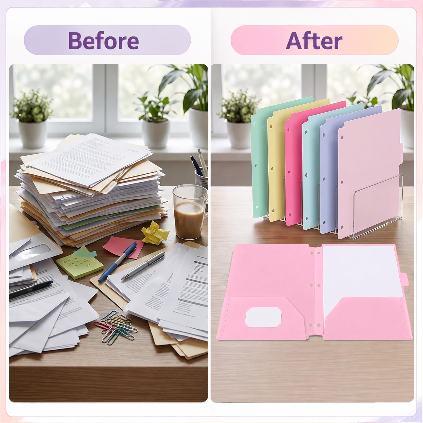 Lot de 24 dossiers en plastique avec poches perforées à 3 trous, 3 anneaux, onglets de coupe 1/6 perforés, format lettre pour école, bureau, salle de classe, enseignants, étudiants, personnel (Pastel)