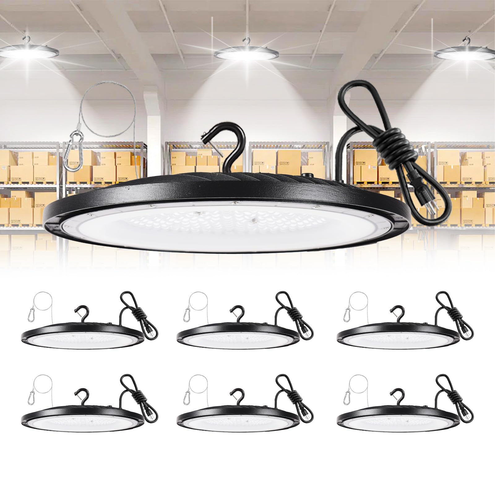 High Bay LED Shop Lights 6 Pack 150W 22500LM 6500K Commercial Bay Lighting with US Hook 5 Cable