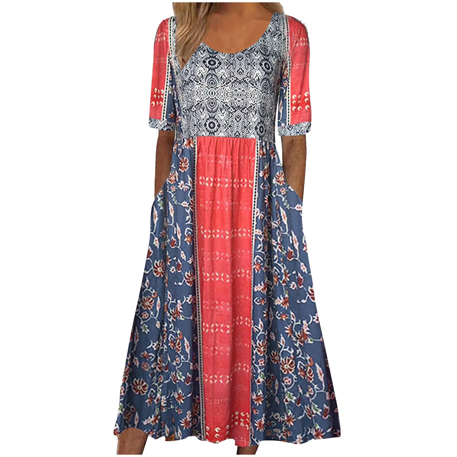 NUSGEAR 2024 Vestidos Largo para Mujer Vestido Manga Corta Elegante Primavera Verano Impresión Boho Bolsillos Casual Vestidos Cuello Redondo Fiesta Moda Playa Suelto Vestido de Noche Vacaciones