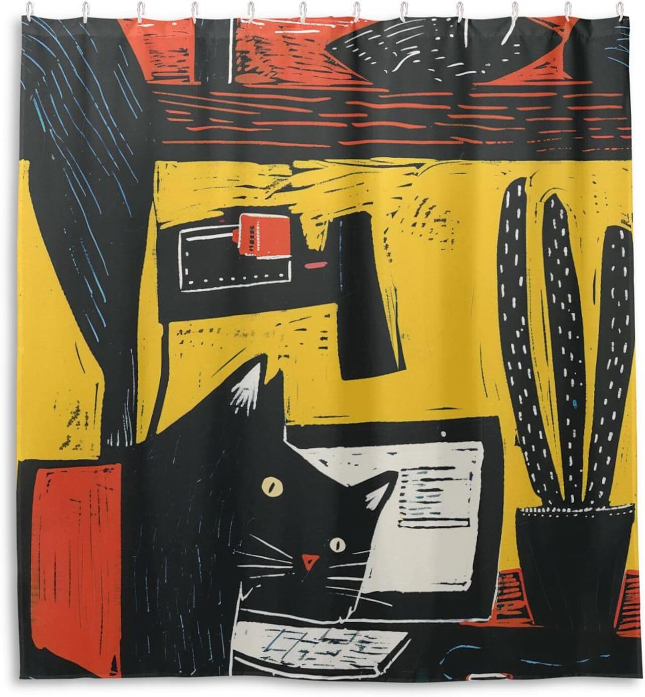 66x72 Inch Waterproof Cloth Bathroom Curtain Set with Hook Cartoon Black Cat Sketch Style Polyester Curtain Cloth Washable Simple Shower Liner for Print Shower