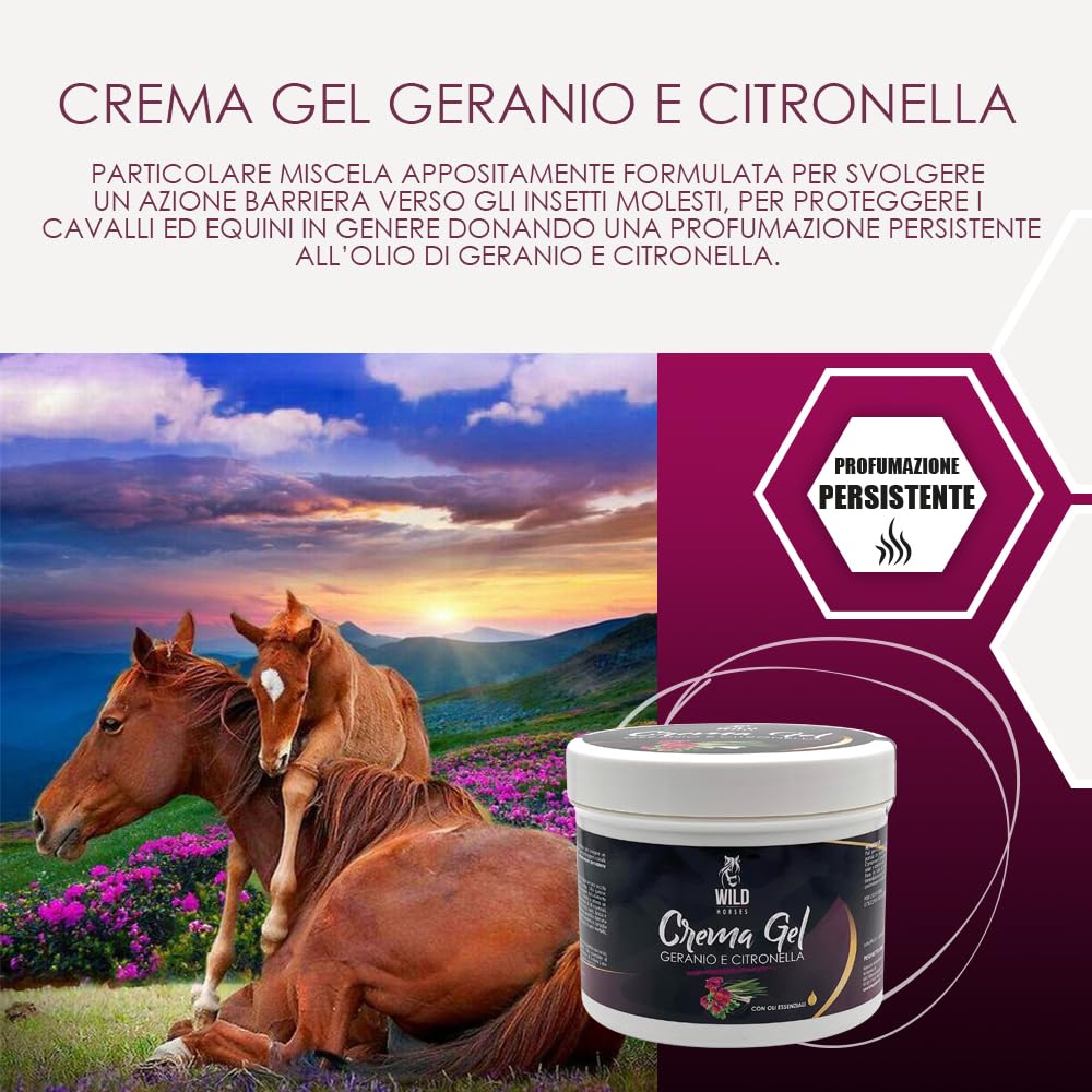 Wild Horses | Crema Gel Geranio & Citronella con Oli Essenziali, Azione Barriera contro gli Insetti, per un Manto Lucido e Profumato, 500g, Made in Italy