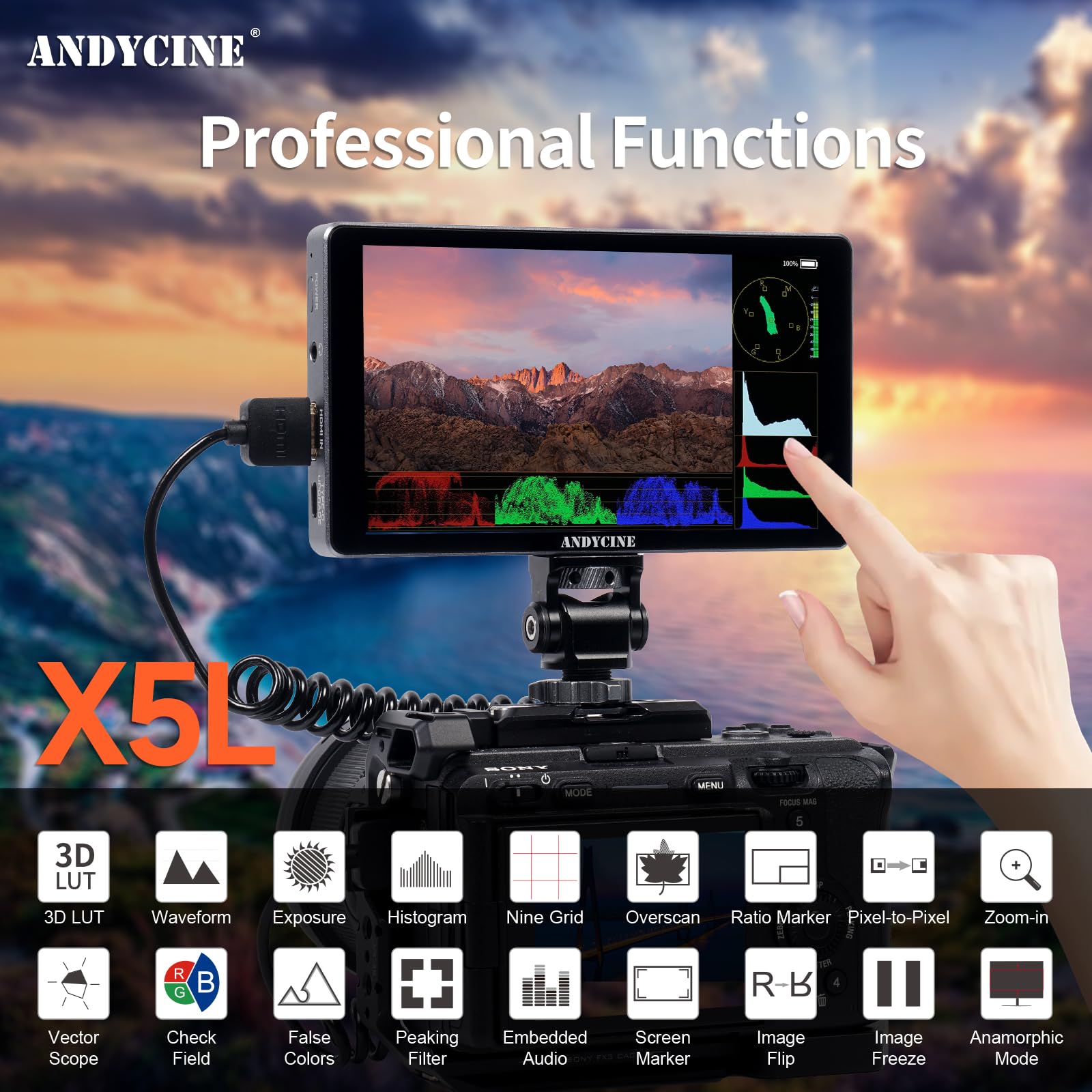 ANDYCINE X5L Kamera Field Monitor Integriert Akku 3300 mAh