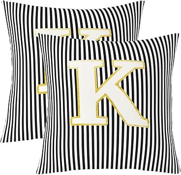 Striped Pillow Covers 16"x16" Set of 2,Initial Letter K Reversible Throw Pillow Covers,Black White Stripes Aesthetic Pillow Cases for Kids Boys Teens,Kids Cartoon Alphabet Letter Cushion Covers