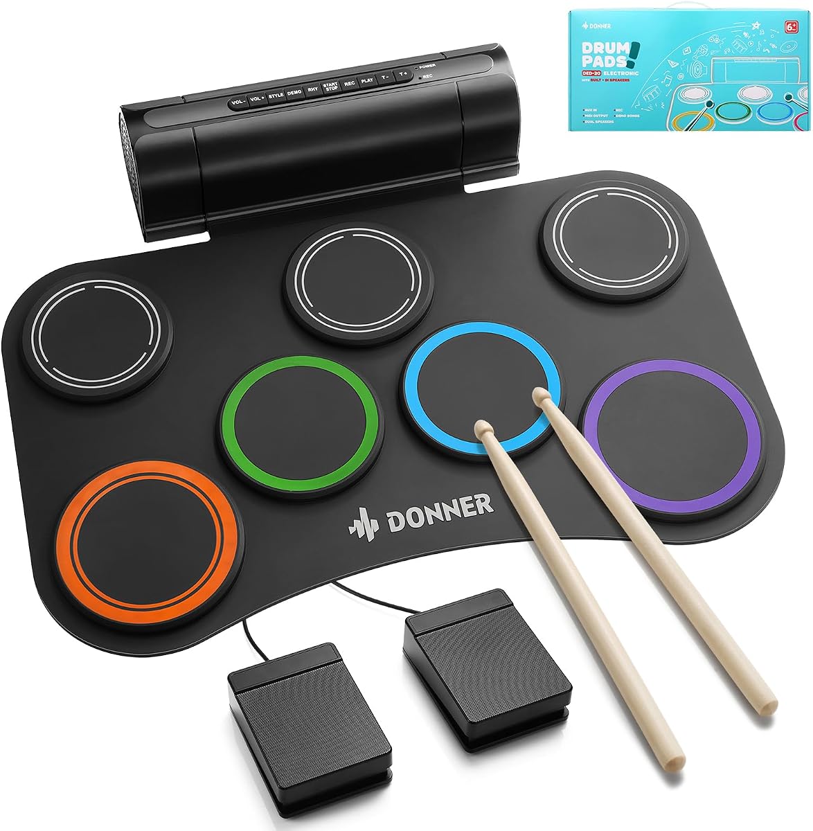 Juego de batería eléctrica mejorada, 7 almohadillas de batería electrónica, almohadilla de batería silenciosa enrollable, altavoz incorporado, 40 lecciones incluidas, juguetes para instrumentos de regalo de cumpleaños y Navidad para niños (DED-20R) NUEVO
