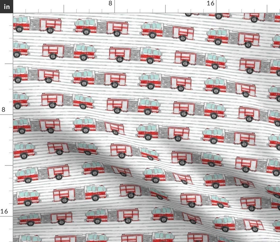 Spoonflower Fabric - Watercolor Fire Truck Stripes Trendy Firefighter Boy Nursery Rescue Printed on Petal Signature Cotton Fabric by The Yard - Sewing Quilting Apparel Crafts Decor