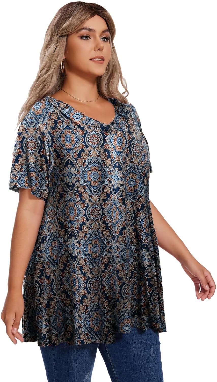 OVERWORETY Women's Plus Size Summer Tops Casual Business Collared Lapel V Neck Shirts Short Sleeve Dressy Polo Blouses Tunic - Image 2