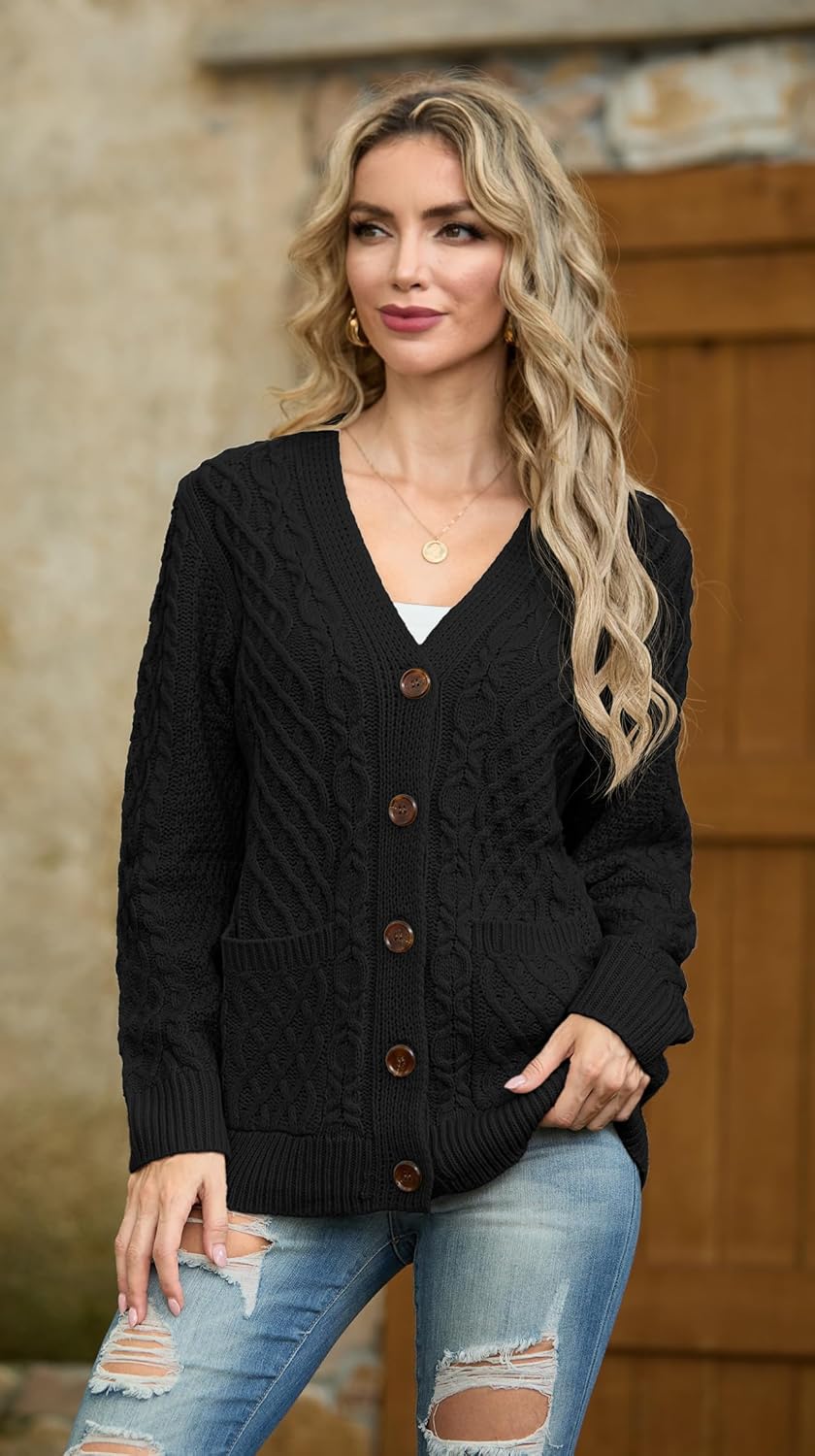 GRECERELLE Women 2025 Fall Long Sleeve Cable Knit Sweater Button Open Front Cardigan Loose Outerwear Coat with Pockets - Image 6
