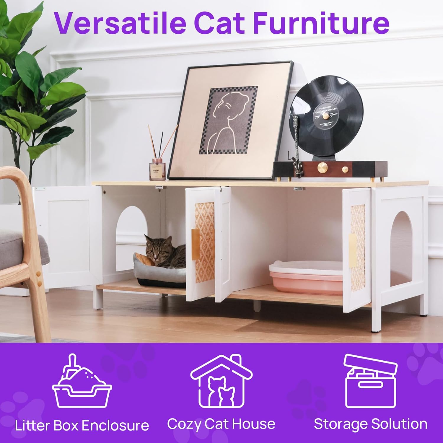 Large Boho Cat Litter Box Enclosure for 2 Cats, Hidden Cat Washroom Furniture with Rattan Doors, Dual Compartment Litter Cabinet & TV Stand, Modern Wooden Cat House (47.2”L x 19.6”W x 19.8”H)